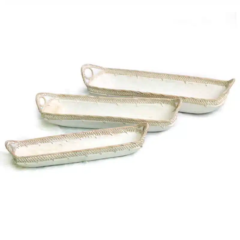 lange Schale, white, mit Rattan Verzierung
