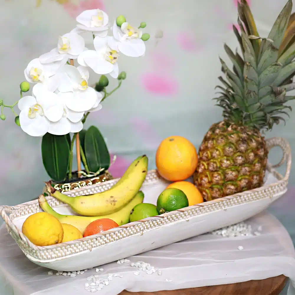 lange Schale, white, mit Rattan Verzierung lange Schale, white, mit Rattan Verzierung