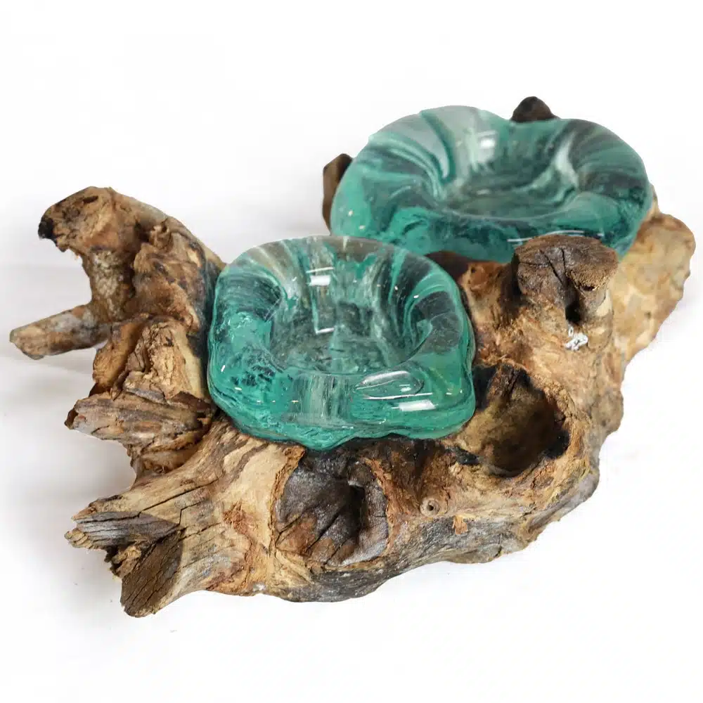 Kasih Kerzenhalter: 2 Glasschalen auf Wurzelholz, 30 cm 1 Kasih Kerzenhalter, Glas auf Wurzelholz, handgeschmolzen, 30 cm