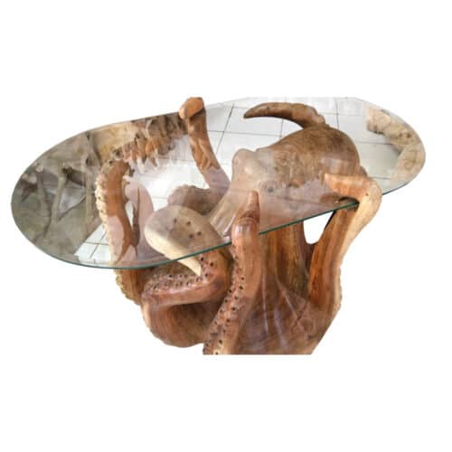 Gurita Glastisch auf geschnitztem Oktopus, Suar, 100 x 55 cm