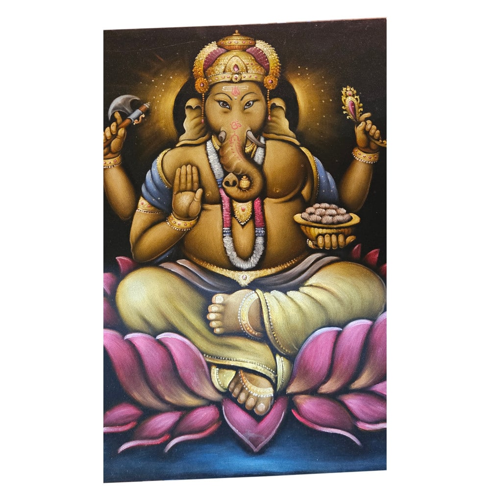 Ganesha Wandbild: handgemalt auf Samt, Effektlack, 70 × 90 cm