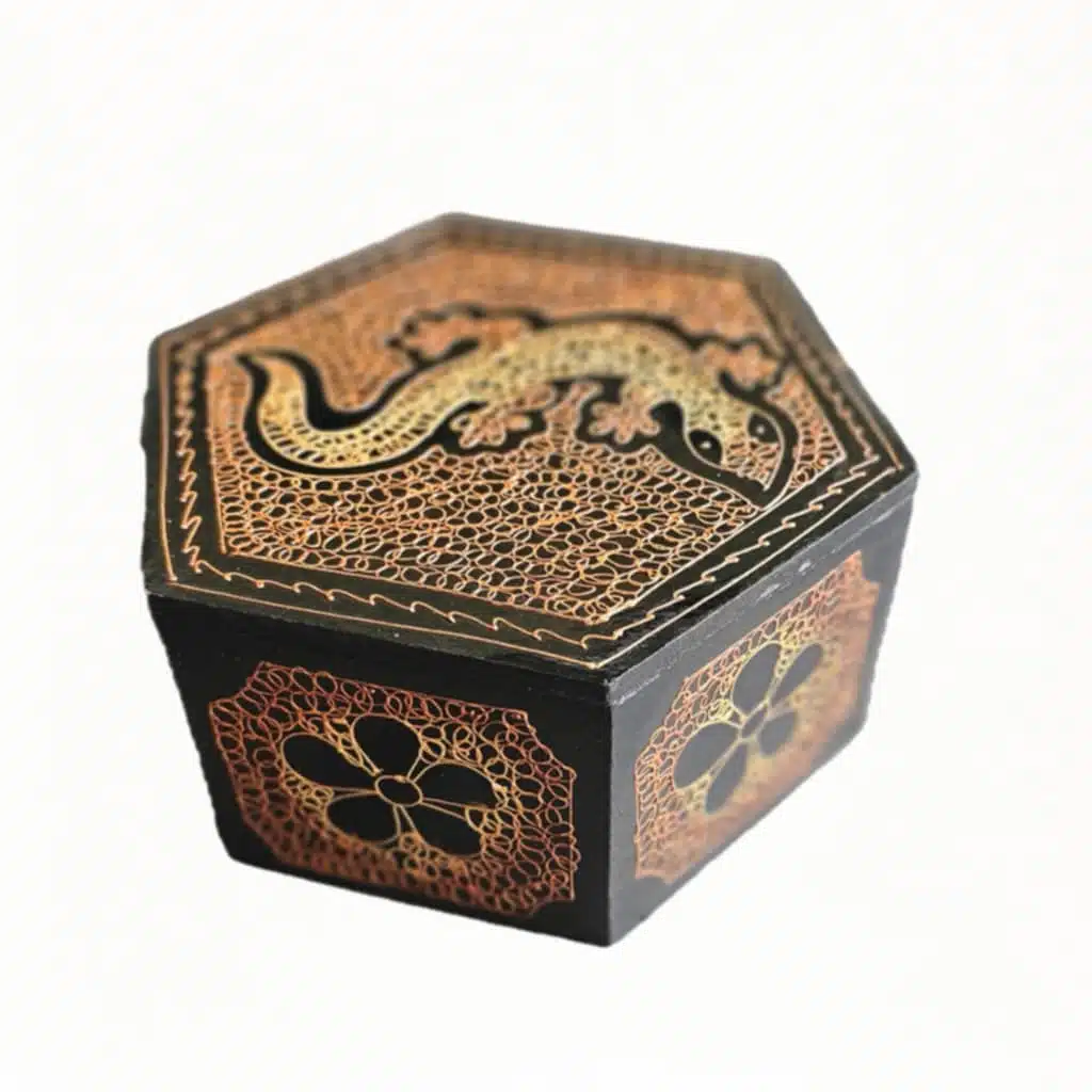 Hexagonale Aufbewahrungsbox mit Gecko-Motiv, handbemalt, 20 × 11 cm 1 Aufbewahrungsbox, 6 eckig