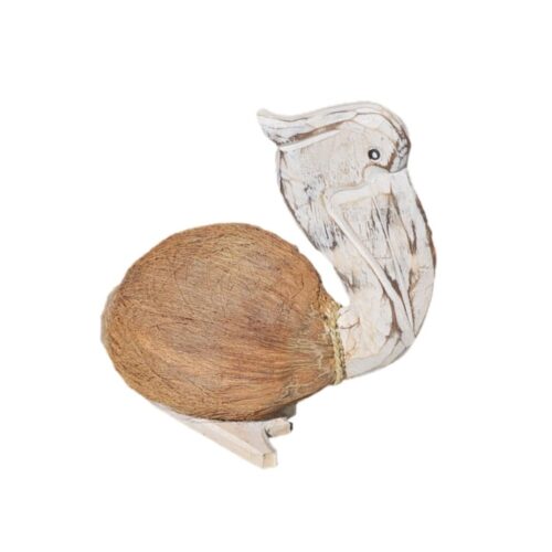 Jalak Pelikanfigur aus Kokosnuss und Albesiaholz, mit naturfaserigem Rücken