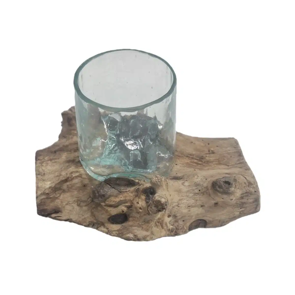 Banyu Glasbecher auf Naturwurzel – handgefertigt, mundgeblasen 1 Banyu Glasbecher auf Naturwurzel – handgefertigt, mundgeblasen, angepasst an die Form des Holzes