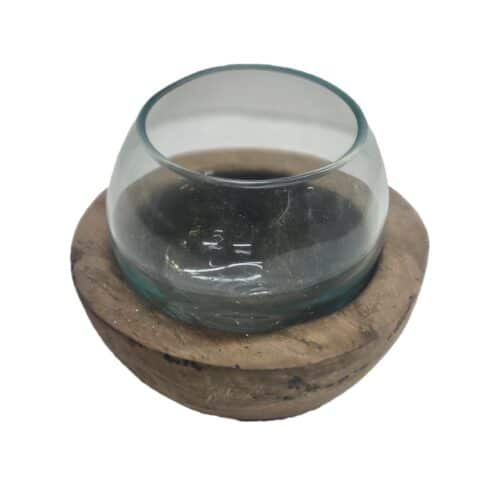 Banyu Rindu Glasschale: Mundgeblasenes Recyclingglas auf Naturholz, Ø 10,5 cm