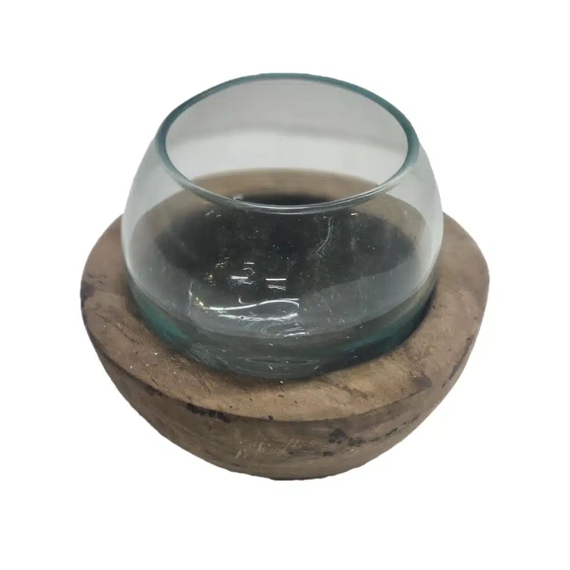 Banyu Rindu Glasschale: Mundgeblasenes Recyclingglas auf Naturholz, Ø 10,5 cm