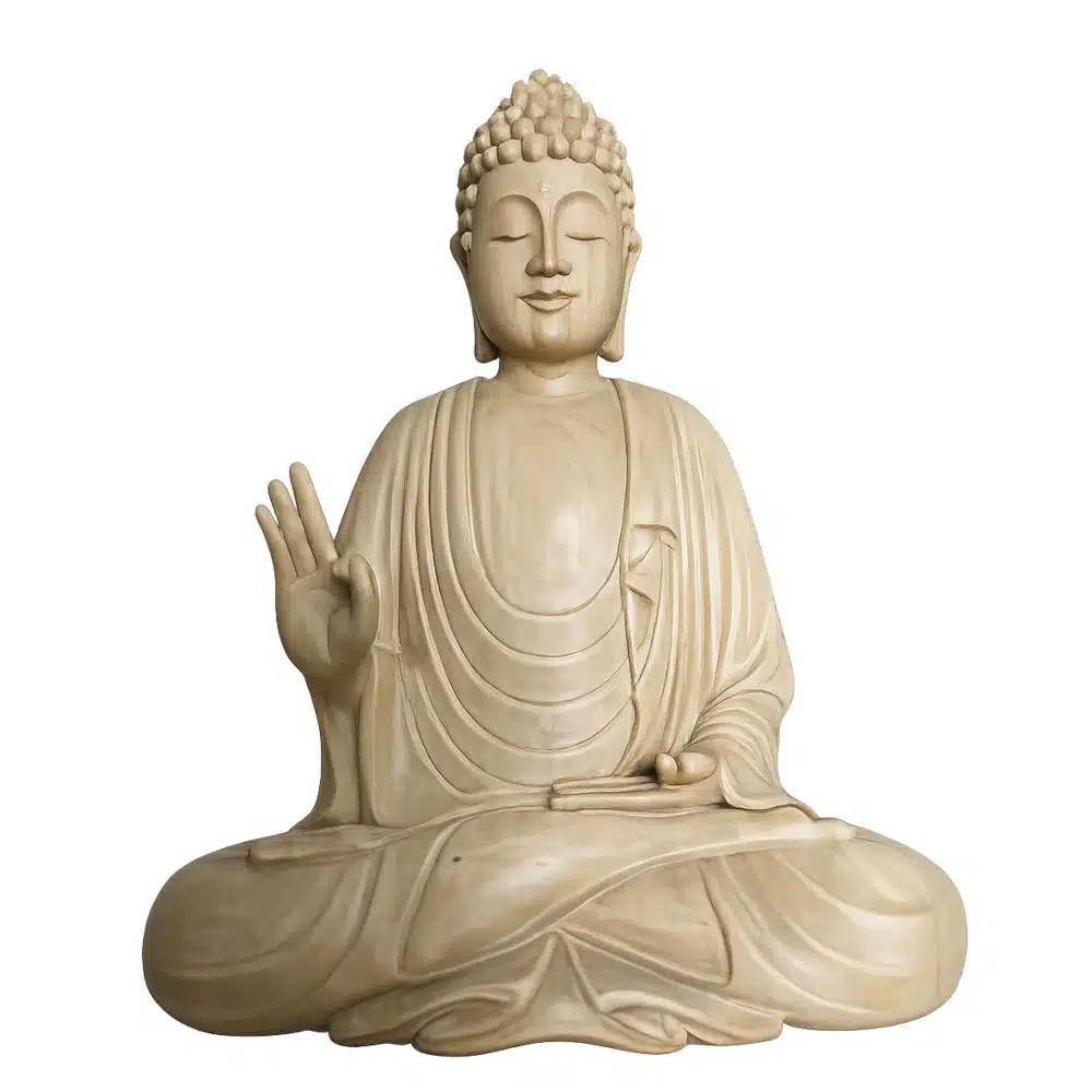 Abhaya Buddha-Skulptur aus Holz - schuetzende Handhaltung