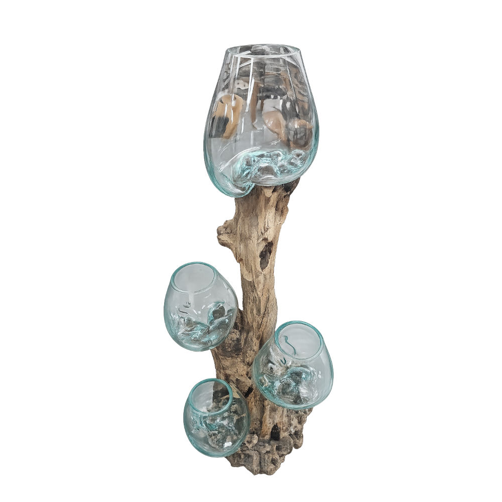 Panca Kaca XXL Glasvasen auf Teakholzwurzel, 5 Gläser, 120 cm 1 5er Glas auf Wurzel